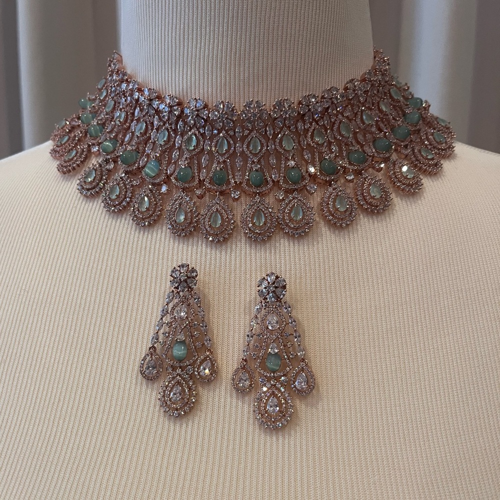 Indian Wedding Jewelry - Mint and rose gold Choker Necklace and Earring Set